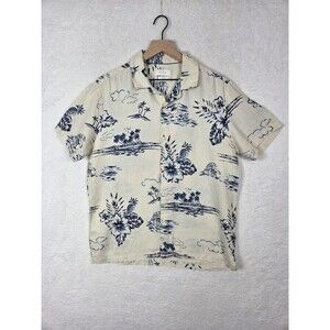Mens Hawaiian Linen Shirt L White Tropical Button Up Resort Boat Beach Coastal